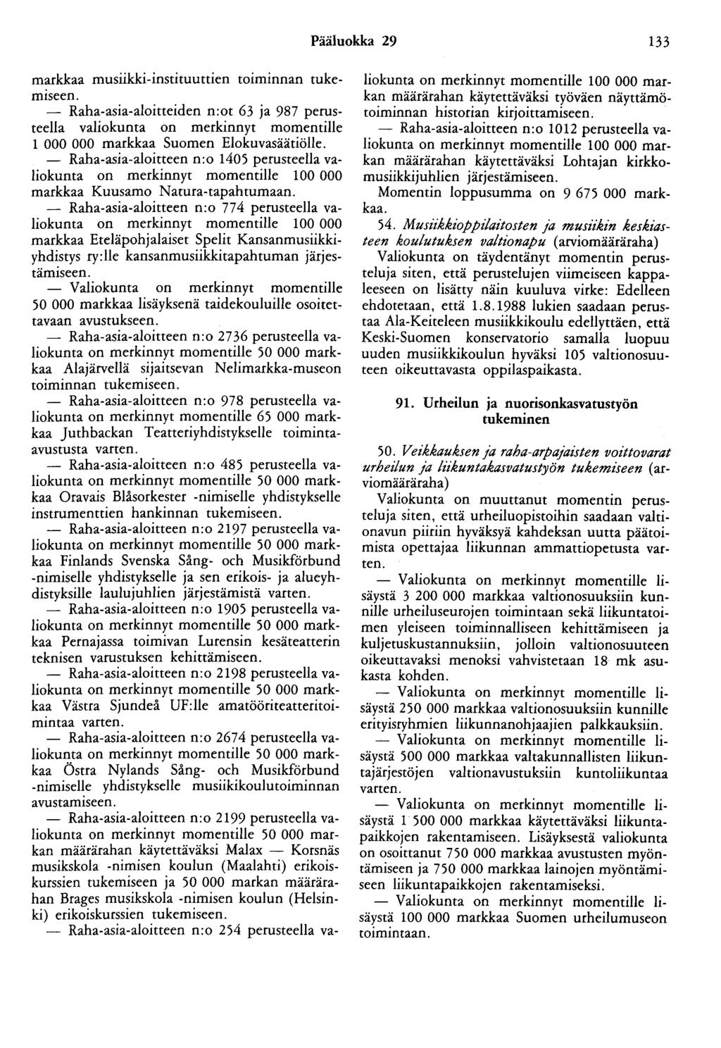 Pääluokka 29 133 markkaa musiikki-instituuttien toiminnan tukemiseen. - Raha-asia-aloitteiden n:ot 63 ja 987 perusteella valiokunta on merkinnyt momentille 1 000 000 markkaa Suomen Elokuvasäätiölle.