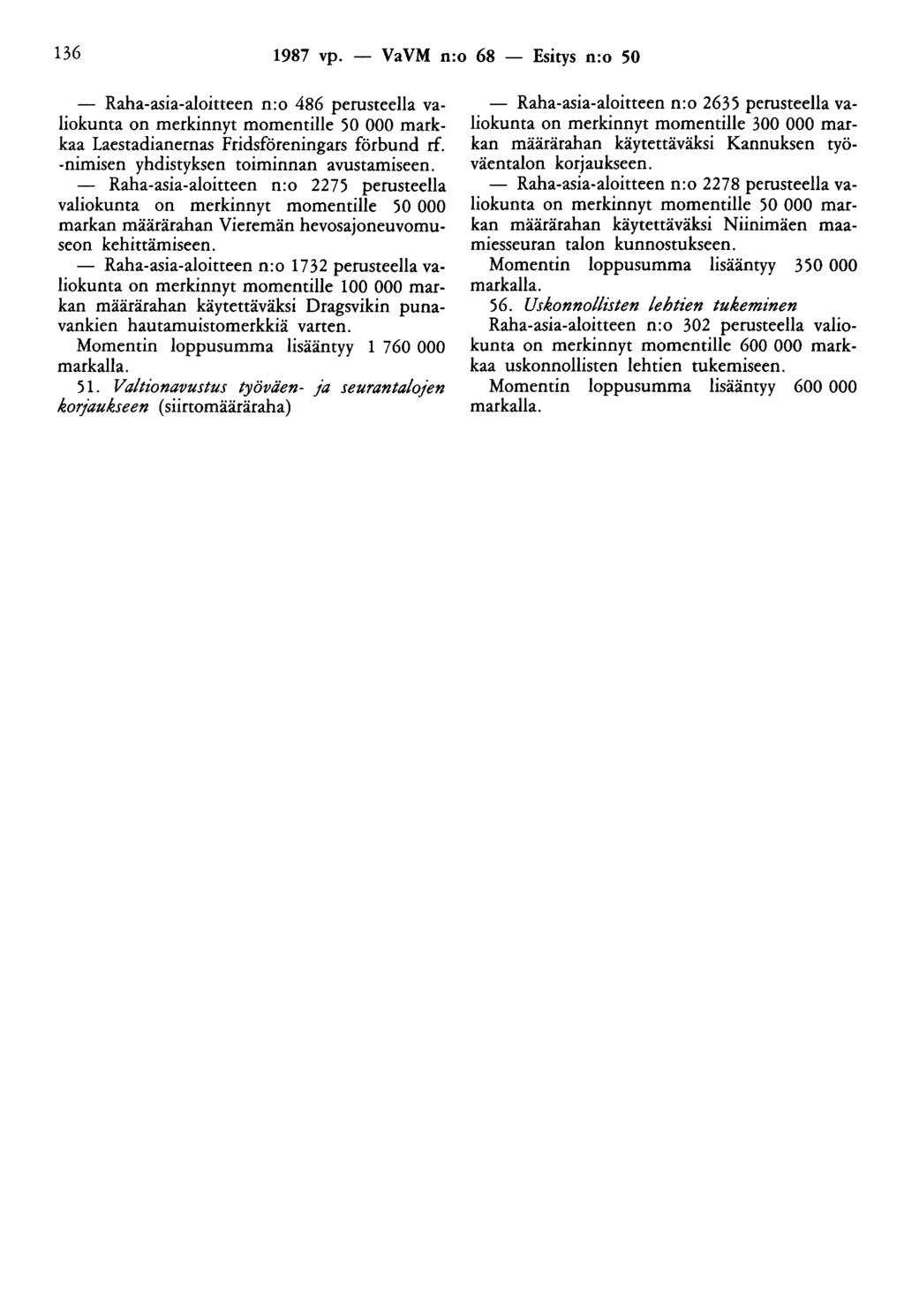136 1987 vp. - VaVM n:o 68 - Esitys n:o 50 Raha-asia-aloitteen n:o 486 perusteella valiokunta on merkinnyt momentille 50 000 markkaa Laestadianernas Fridsföreningars förbund rf.