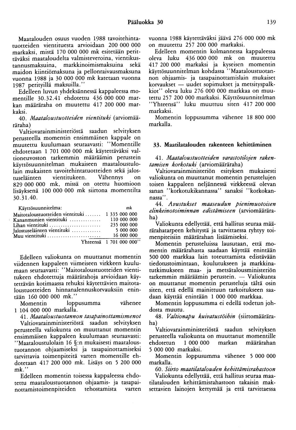 Pääluokka 30 139 Maatalouden osuus vuoden 1988 tavoitehintatuotteiden vientituesta arvioidaan 200 000 000 markaksi, mistä 170 000 000 mk esitetään perittäväksi maataloudelta valmisteveroina,