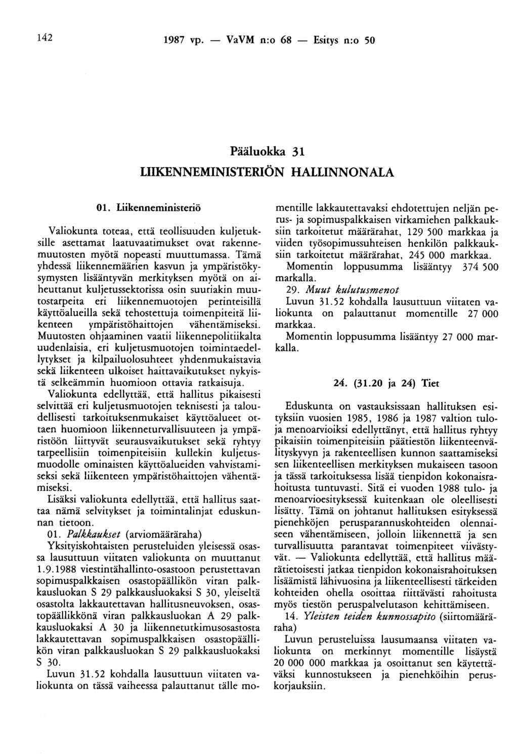 142 1987 vp. - VaVM n:o 68 - Esitys n:o 50 Pääluokka 31 LIIKENNEMINISTERIÖN HALLINNONALA 01.