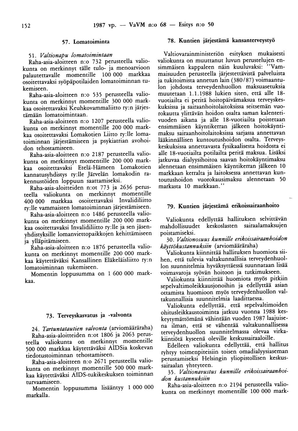 152 1987 vp. VaVM n:o 68 - Esitys n:o 50 57. Lomatoiminta 51.