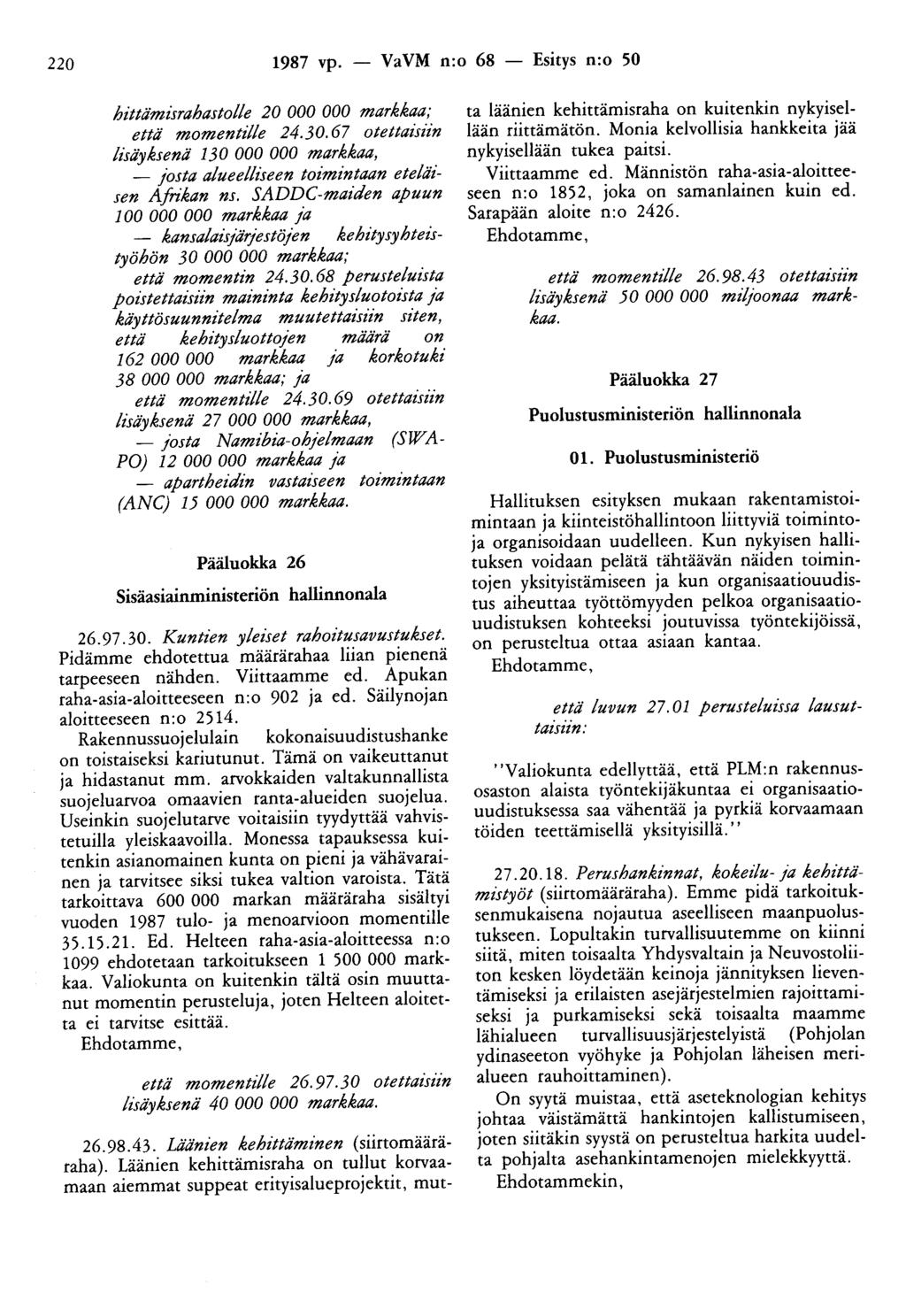 220 1987 vp. - VaVM n:o 68 - Esitys n:o 50 hittämisrahastolle 20 000 000 markkaa; että momentzlle 24.30.