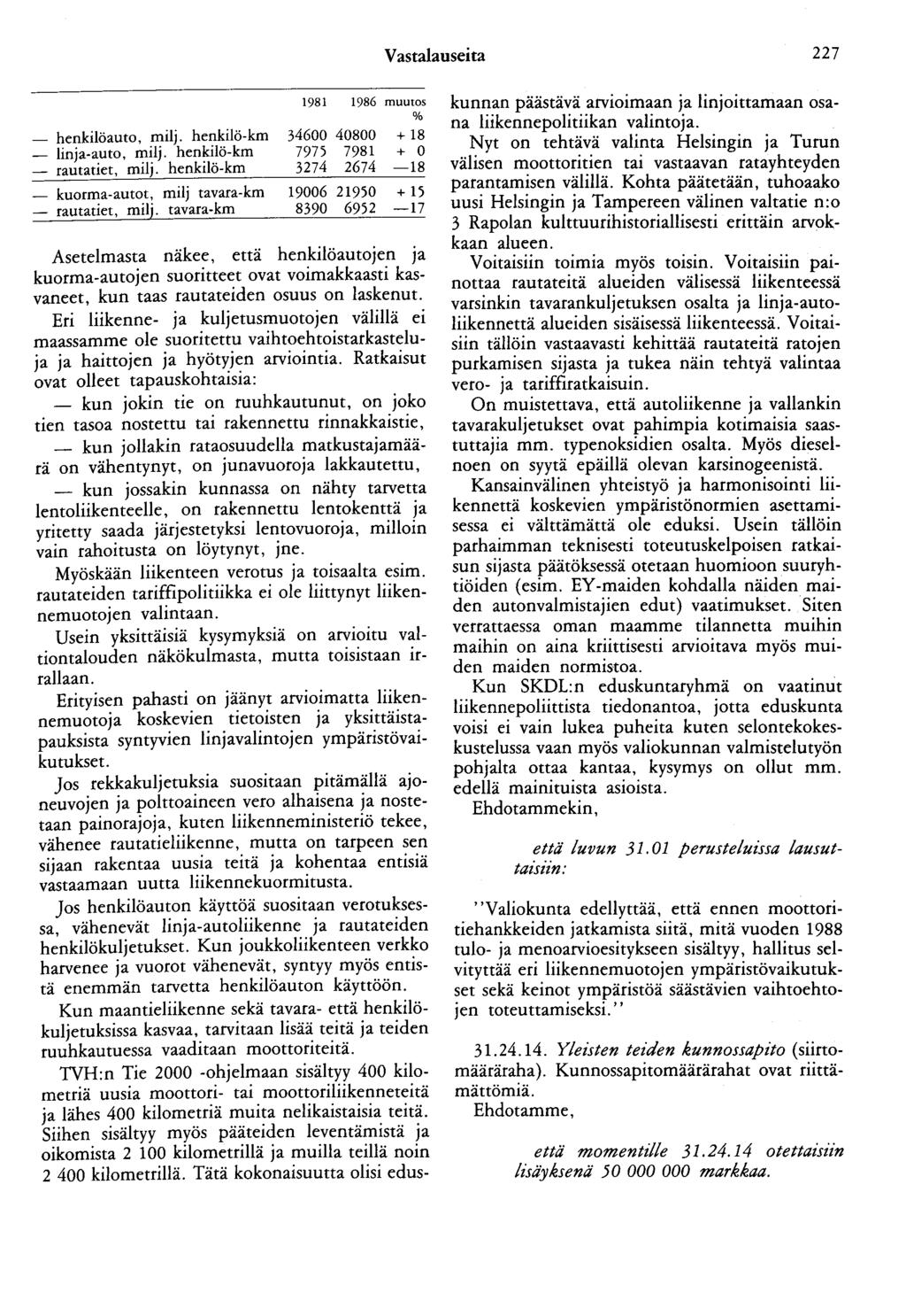 Vastalauseita 227 - henkilöauto, milj. henkilö-km - linja-auto, milj. henkilö-km - rautatiet, milj. henkilö-km - kuorma-autot, milj tavara-km - rautatiet, milj.