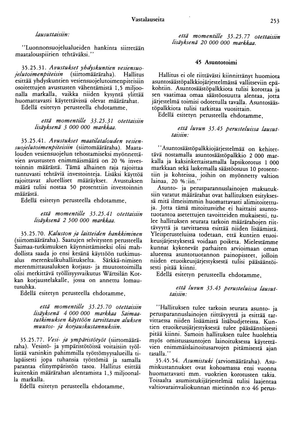 Vastalauseita 253 lausuttaisiin: '' Luonnonsuojelualueiden hankinta siirretään maatalouspiirien tehtäväksi.'' 35.25.31. Avustukset yhdyskuntien vesiensuojelutoimenpiteisin (siirtomääräraha).