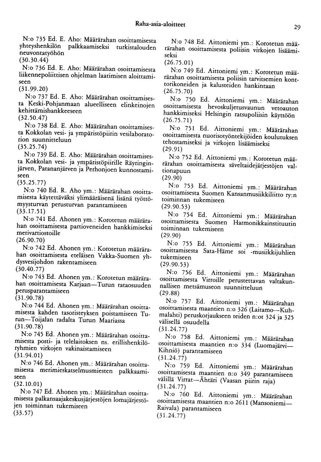 Raha-asia-aloitteet 29 N:o 735 Ed. E. Aho: Määrärahan osoittamisesta yhteyshenkilön palkkaamiseksi turkistalouden neuvontatyöhön (30.30.44) N:o 736 Ed. E. Aho: Määrärahan osoittamisesta liikennepoliittisen ohjelman laatimisen aloittamiseen (31.