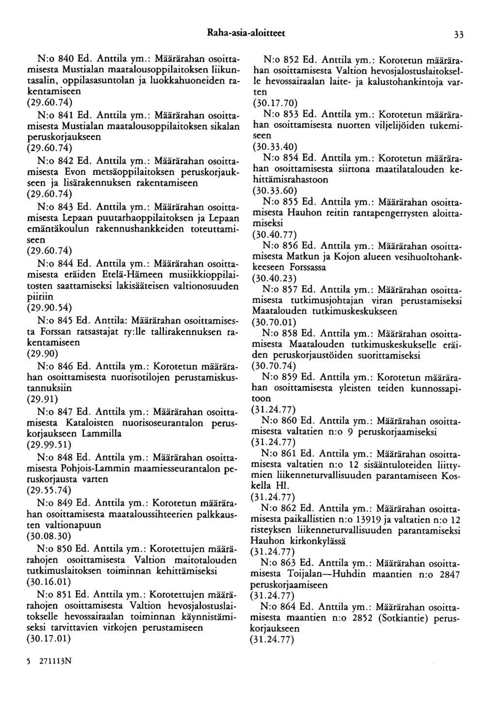 Raha-asia-aloitteet 33 N:o 840 Ed. Anttila ym.: Määrärahan osoittamisesta Mustialan maatalousoppilaitoksen liikuntasalin, oppilasasuntolan ja luokkahuoneiden rakentamiseen (29.60.74) N:o 841 Ed.
