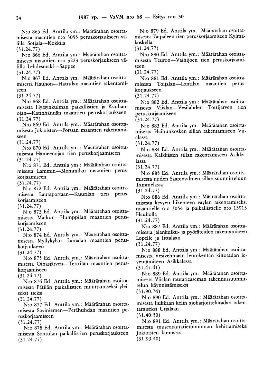 34 1987 vp. - VaVM n:o 68 - Esitys n:o 50 N:o 865 Ed. Anttila ym.: Määrärahan osoittamisesta maantien n:o 3055 peruskorjaukseen välillä Sotjala-Kokkila N:o 866 Ed. Anttila ym.: Määrärahan osoittamisesta maantien n:o 3223 peruskorjaukseen välillä Lehdesmäki-Sappee N:o 867 Ed.