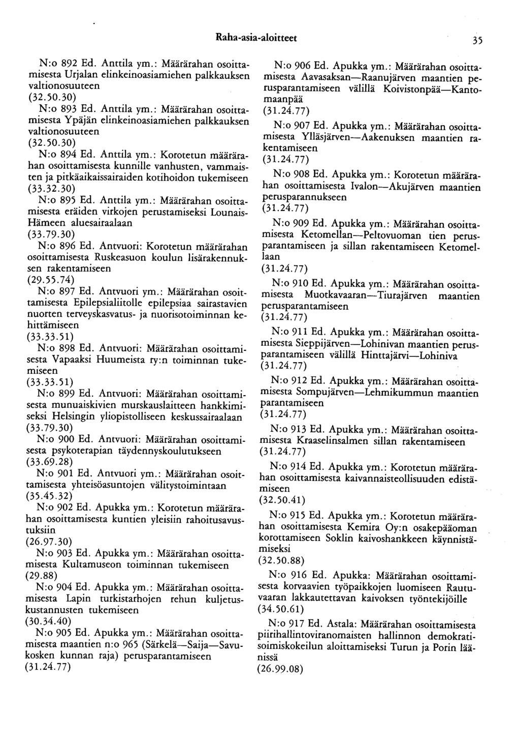 Raha-asia-aloitteet 35 N:o 892 Ed. Anttila ym.: Määrärahan osoittamisesta Urjalan elinkeinoasiamiehen palkkauksen valtionosuuteen (32.50.30) N:o 893 Ed. Anttila ym.: Määrärahan osoittamisesta Ypäjän elinkeinoasiamiehen palkkauksen valtionosuuteen (32.