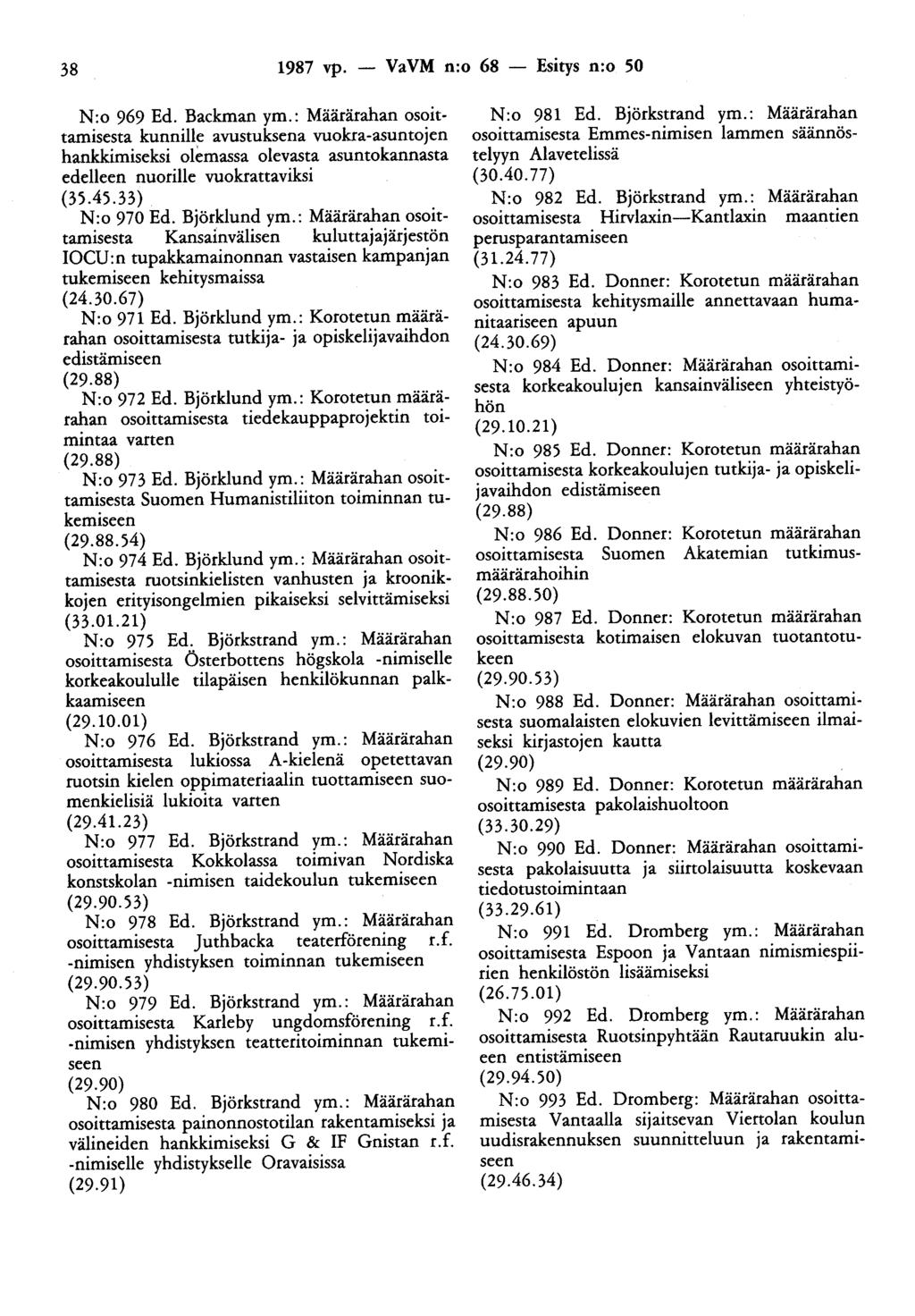 38 1987 vp. - VaVM n:o 68 - Esitys n:o 50 N :o 969 Ed. Backman ym.