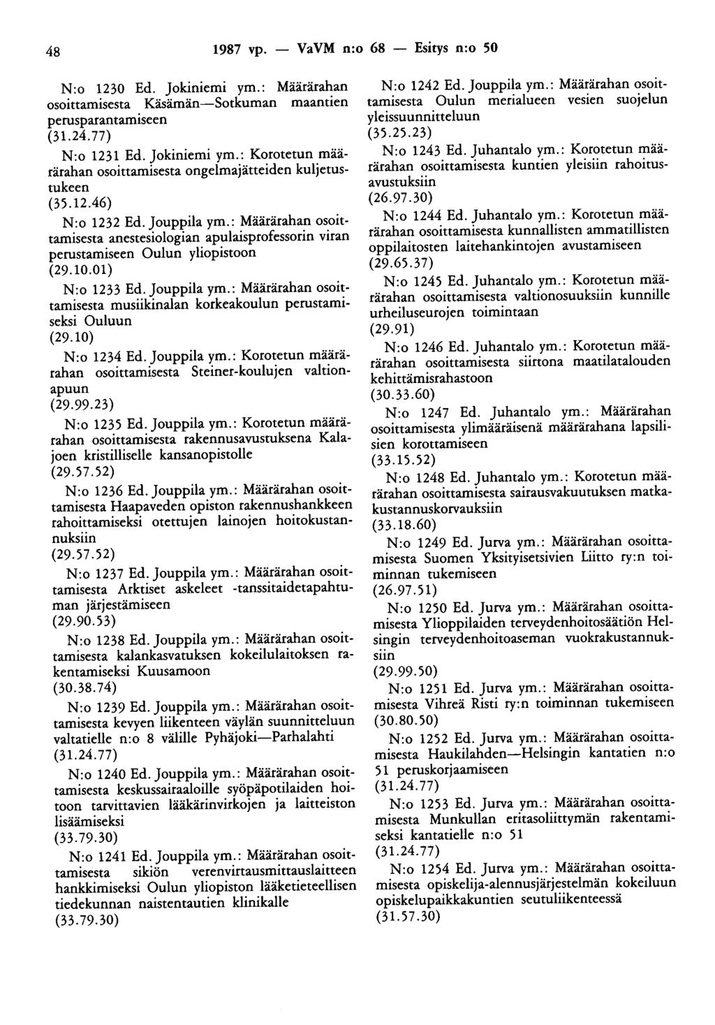 48 1987 vp. - VaVM n:o 68 - Esitys n:o 50 N:o 1230 Ed. Jokiniemi ym.: Määrärahan osoittamisesta Käsämän-Sotkuman maantien perusparantamiseen N:o 1231 Ed. Jokiniemi ym.: Korotetun määrärahan osoittamisesta ongelmajätteiden kuljetustukeen (35.