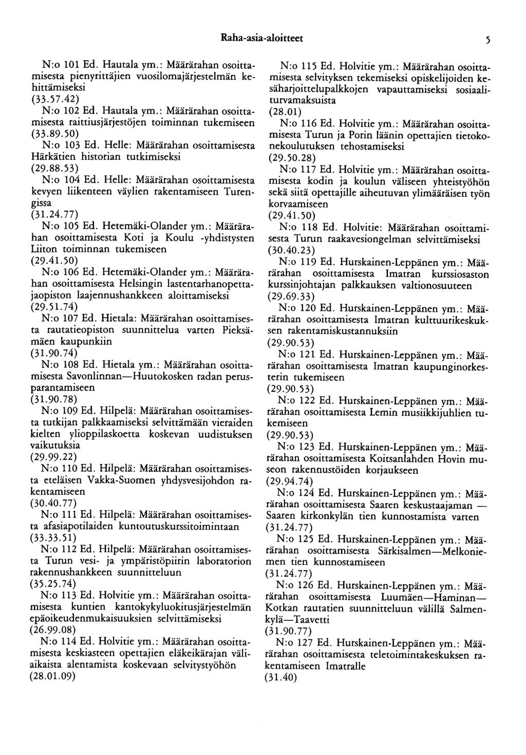 Raha-asia-aloitteet 5 N:o 101 Ed. Hautala ym.: Määrärahan osoittamisesta pienyrittäjien vuosilomajärjestelmän kehittämiseksi (33.57.42) N:o 102 Ed. Hautala ym.: Määrärahan osoittamisesta raittiusjärjestöjen toiminnan tukemiseen (33.