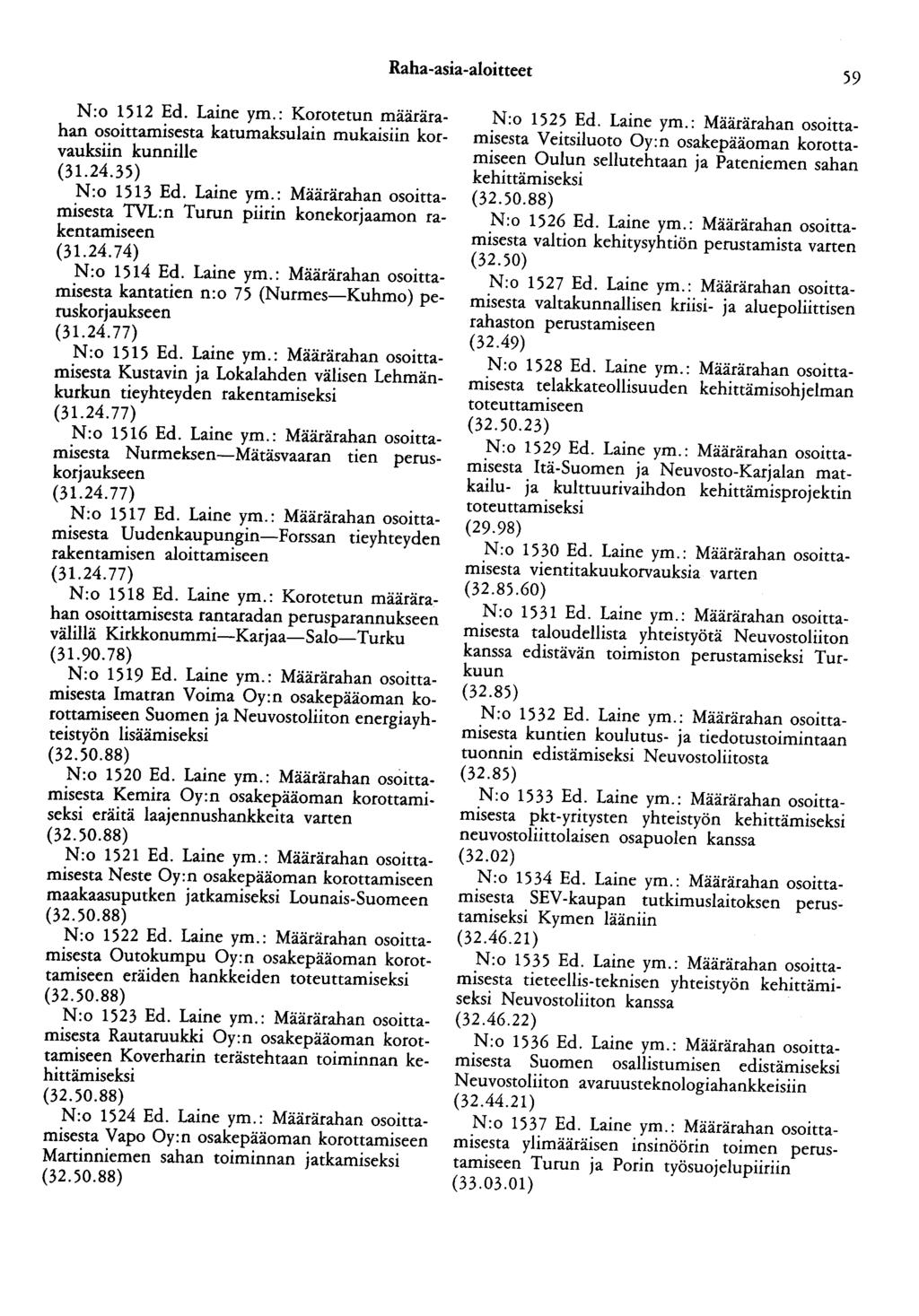Raha-asia-aloitteet 59 N:o 1512 Ed. Laine ym.: Korotetun määrärahan osoittamisesta katumaksulain mukaisiin korvauksiin kunnille (31.24.35) N:o 1513 Ed. Laine ym.: Määrärahan osoittamisesta TVL:n Turun piirin konekorjaamon rakentamiseen (31.