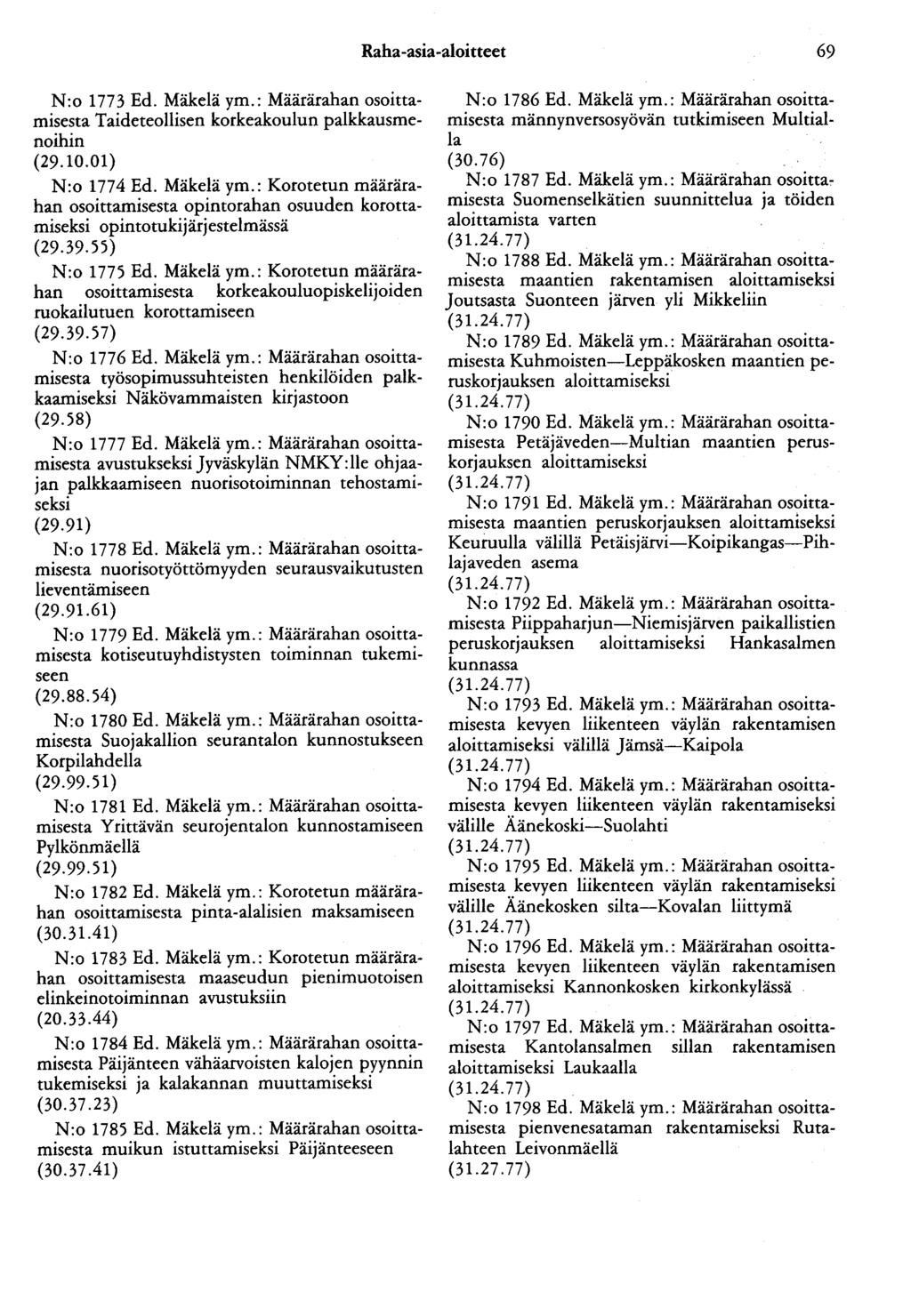 Raha-asia-aloitteet 69 N :o 177 3 Ed. Mäkelä ym.: Määrärahan osoittamisesta Taideteollisen korkeakoulun palkkausmenoihin (29.10.01) N:o 1774 Ed. Mäkelä ym.: Korotemo määrärahan osoittamisesta opintorahan osuuden korottamiseksi opintotukijärjestelmässä (29.