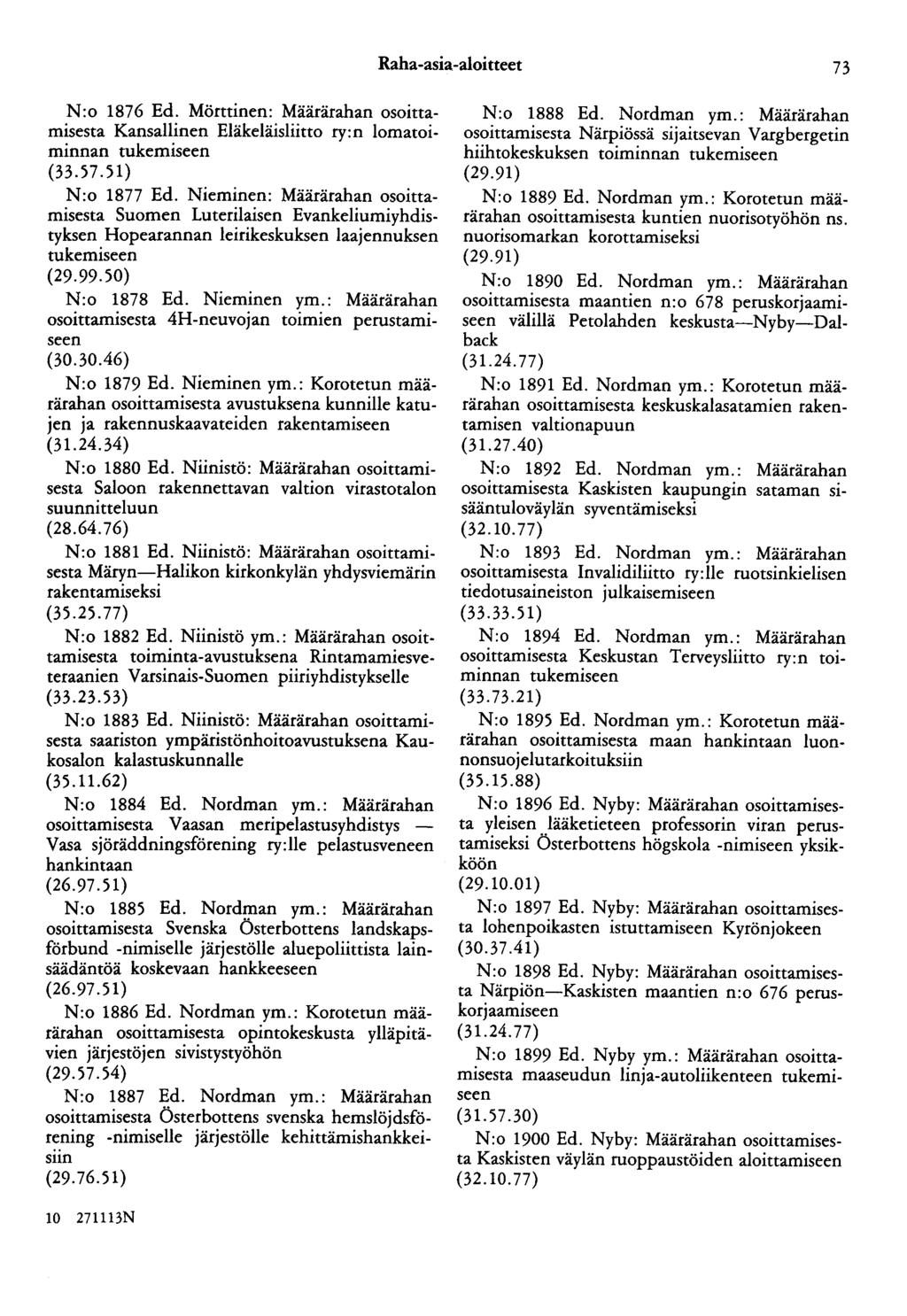 Raha-asia-aloitteet 73 N:o 1876 Ed. Mörttinen: Määrärahan osoittamisesta Kansallinen Eläkeläisliitto ry:n lomatoiminnan tukemiseen (33.57.51) N:o 1877 Ed.