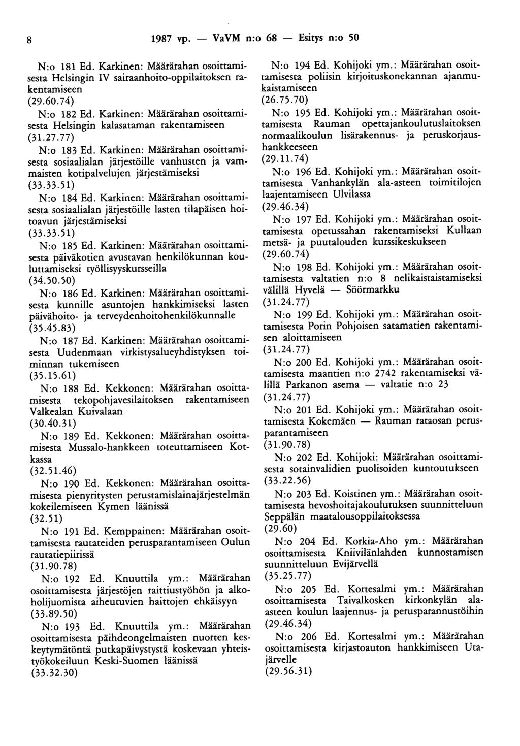 8 1987 vp. - VaVM n:o 68 - Esitys n:o 50 N:o 181 Ed. Karkinen: Määrärahan osoittamisesta Helsingin IV sairaanhoito-oppilaitoksen rakentamiseen (29.60.74) N:o 182 Ed.