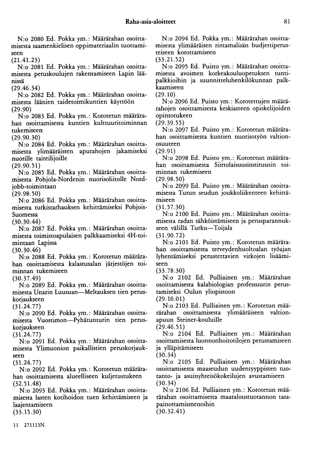 Raha-asia-aloitteet 81 N:o 2080 Ed. Pokka ym.: Määrärahan osoittamisesta saamenkielisen oppimateriaalin tuottamiseen (21.41.23) N:o 2081 Ed. Pokka ym.: Määrärahan osoittamisesta peruskoulujen rakentamiseen Lapin läänissä (29.