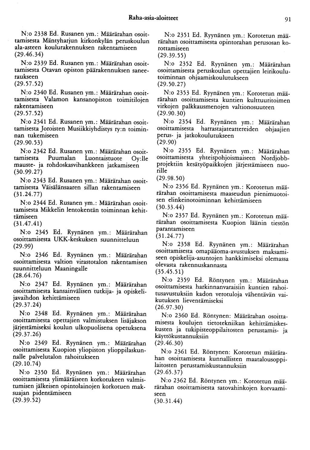 Raha-asia-aloitteet 91 N:o 2338 Ed. Rusanen ym.: Määrärahan osoittamisesta Mäntyharjun kirkonkylän peruskoulun ala-asteen koulurakennuksen rakentamiseen (29.46.34) N:o 2339 Ed. Rusanen ym.: Määrärahan osoittamisesta Otavan opiston päärakennuksen saneeraukseen (29.