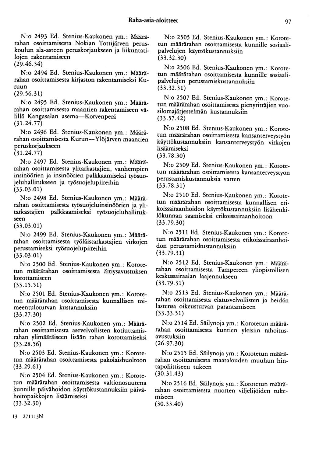 Raha-asia-aloitteet 97 N:o 2493 Ed. Stenius-Kaukonen ym.: Määrärahan osoittamisesta Nokian Tottijärven peruskoulun ala-asteen peruskorjaukseen ja liikuntatilojen rakentamiseen (29.46.34) N:o 2494 Ed.