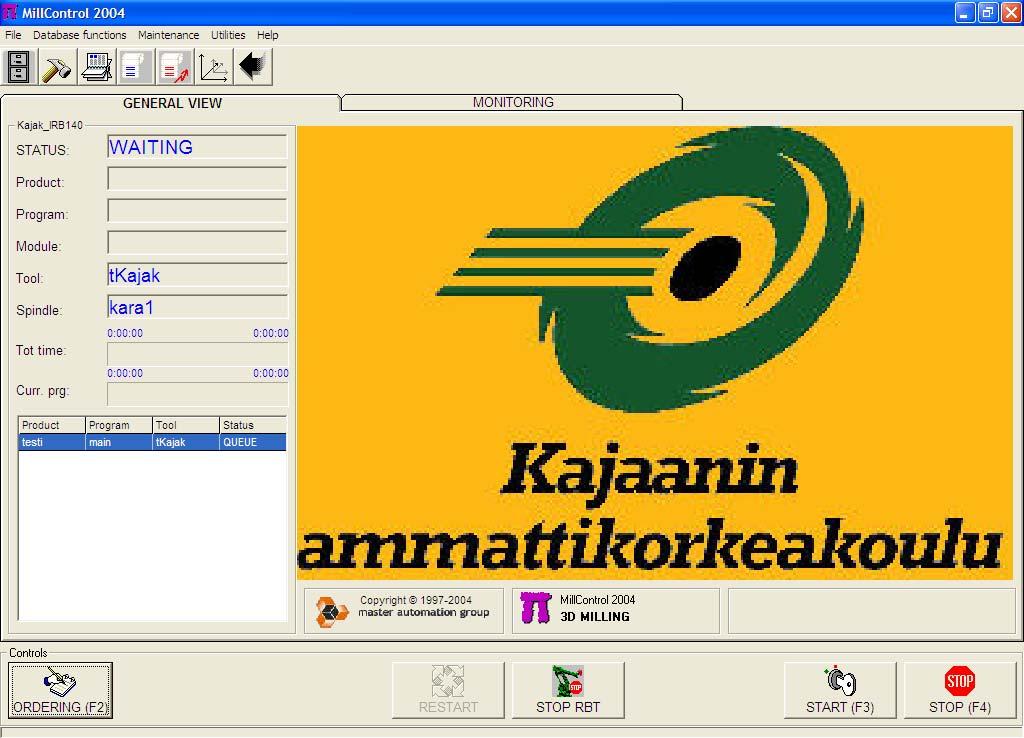 26 dataa ja sillä pystytään määrittelemään robotille työjonoja. Kuvassa 18 on auki MillControlohjelman General View ikkuna. Kuva 18. MillControl ohjelman General View-näkymä kuvaruudulla. 5.