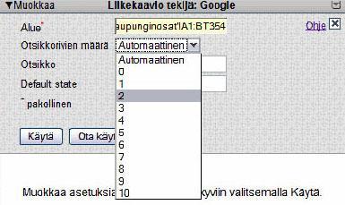 43 Kun alue on valittu, voidaan määrittää otsikkorivien määrä (kuvio 21). Caseosuudessa luodussa laskentataulukossa otsikot sijoittuvat kahdelle ensimmäiselle riville, joten valitaan numero kaksi.