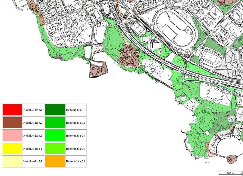 17 2.3 Rantojen viheralueiden hoitoluokat Suurin osa tutkimusalueen puistoista kuuluu hoitoluokkaan C2 eli ne on luokiteltu ulkoilu- ja virkistysmetsiksi (kuva 8).