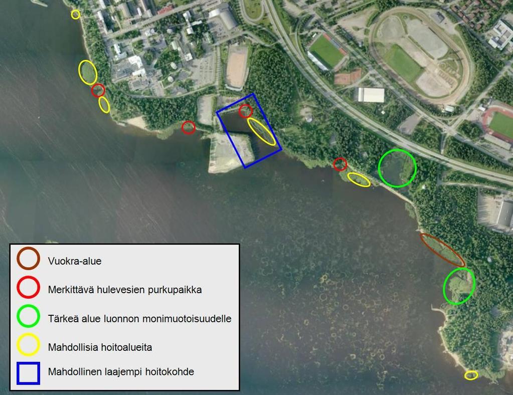 92 muuten erityisen hyvin näkyvissä. Maisemallista haittaa niistä ei Vaasan viheralueiden käyttäjille aiheudu. Punaisella ilmakuvaan on merkitty merkittävät hulevesien purkupaikat.