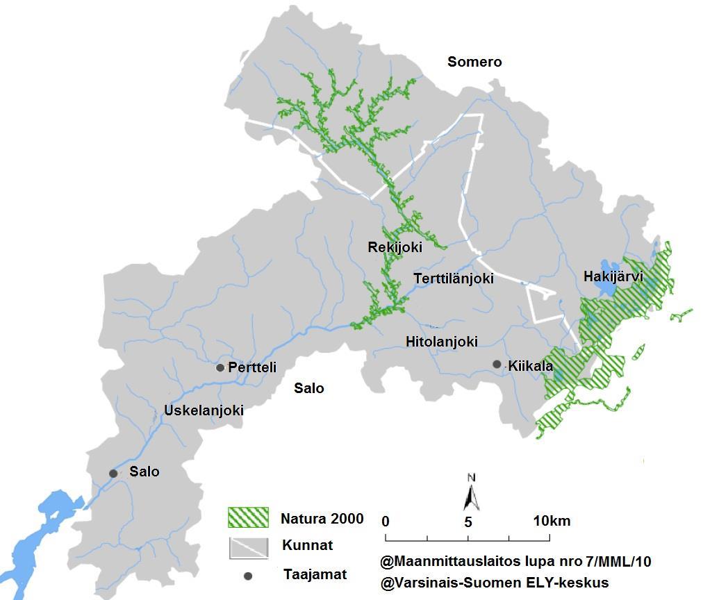 Kuva 2.1. Uskelanjoen vesistö sekä Natura 2000 -alueet. Uskelanjoki on valtakunnallisesti arvokas maisema-alue.