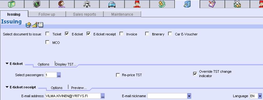 16. Tulosta lippu ja lähetä asiakkaalle uudesta lipusta ITR valitse Issuing valitse E-ticket ja E-ticket receipt valitse E-ticket Options valikosta tarvittaessa TST options, Passenger selection jne.