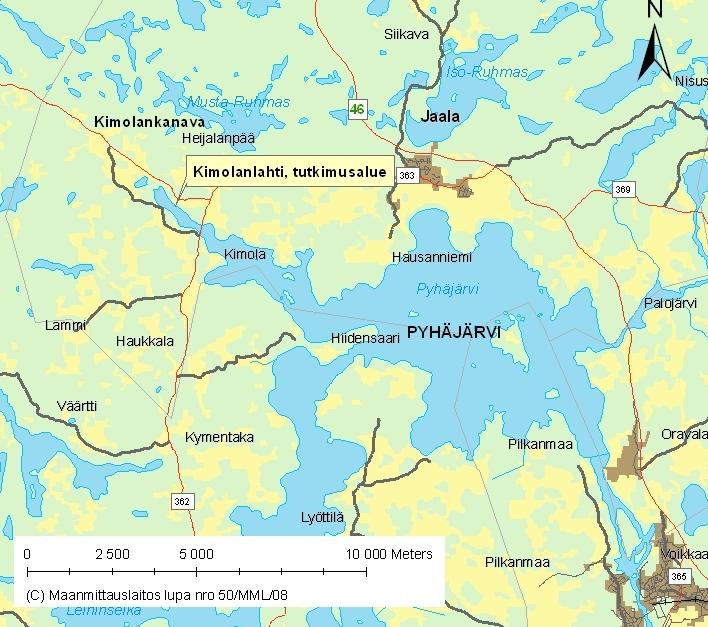 10.7.2009 1 JOHDANTO Jaalan Pyhäjärven Kimolanlahden (kuva 1) tilaa on Jaalan kunnan tilauksesta seurattu vuodesta 2002 lähtien, jolloin Kimolan kanavassa vuosikymmeniä jatkunut tukinuitto päättyi ja