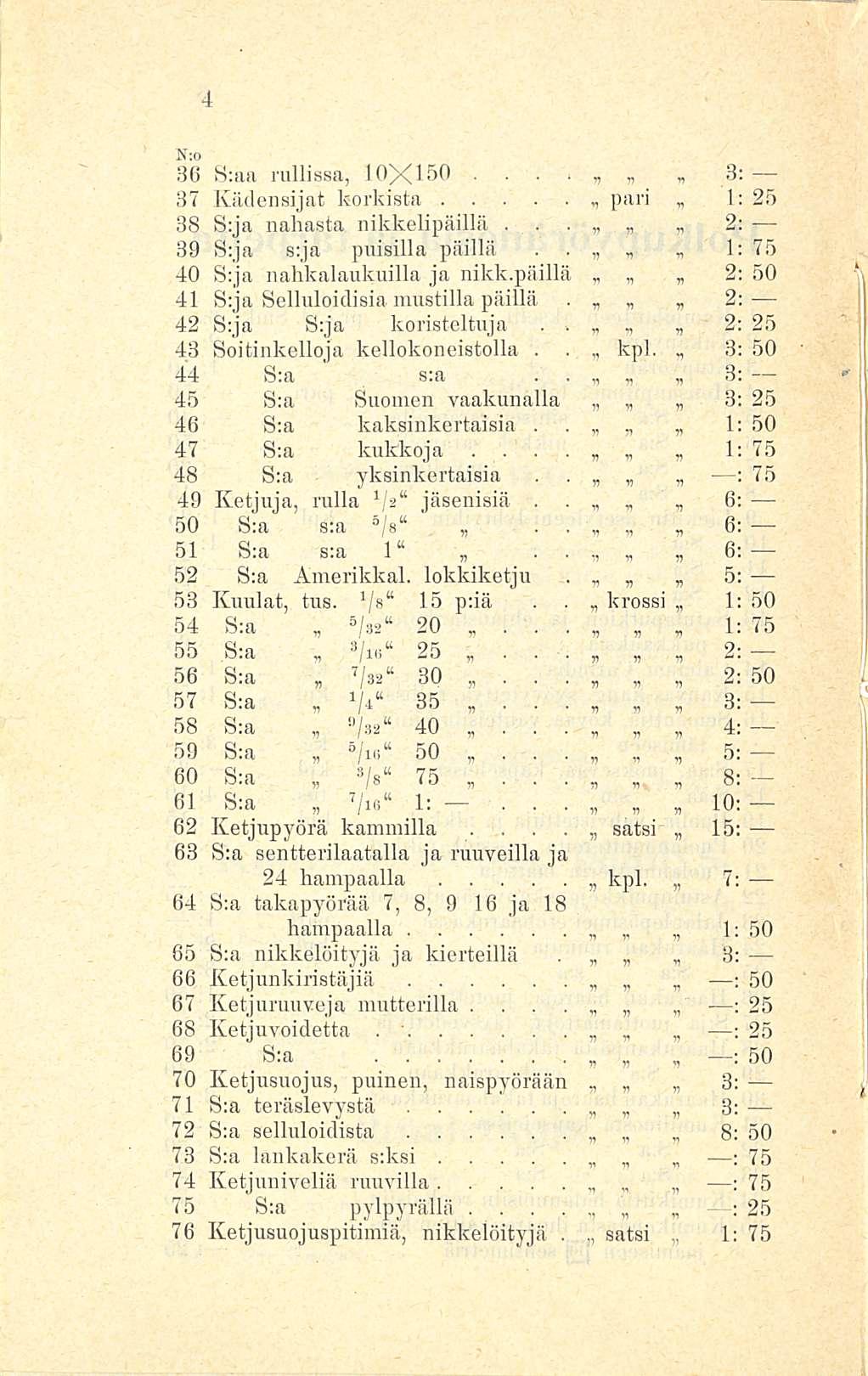 36 S:aa rullissa, 10X150 > 3: 37 Kädensijat korkista pari 1: 38 S:ja nahasta nikkelipäillä 2: 39 S:ja s;ja puisilla päillä 1: * 40 S:ja nahkalaukuilla ja nikkpäillä 2: 41 S:ja Selluloidisia mustilla