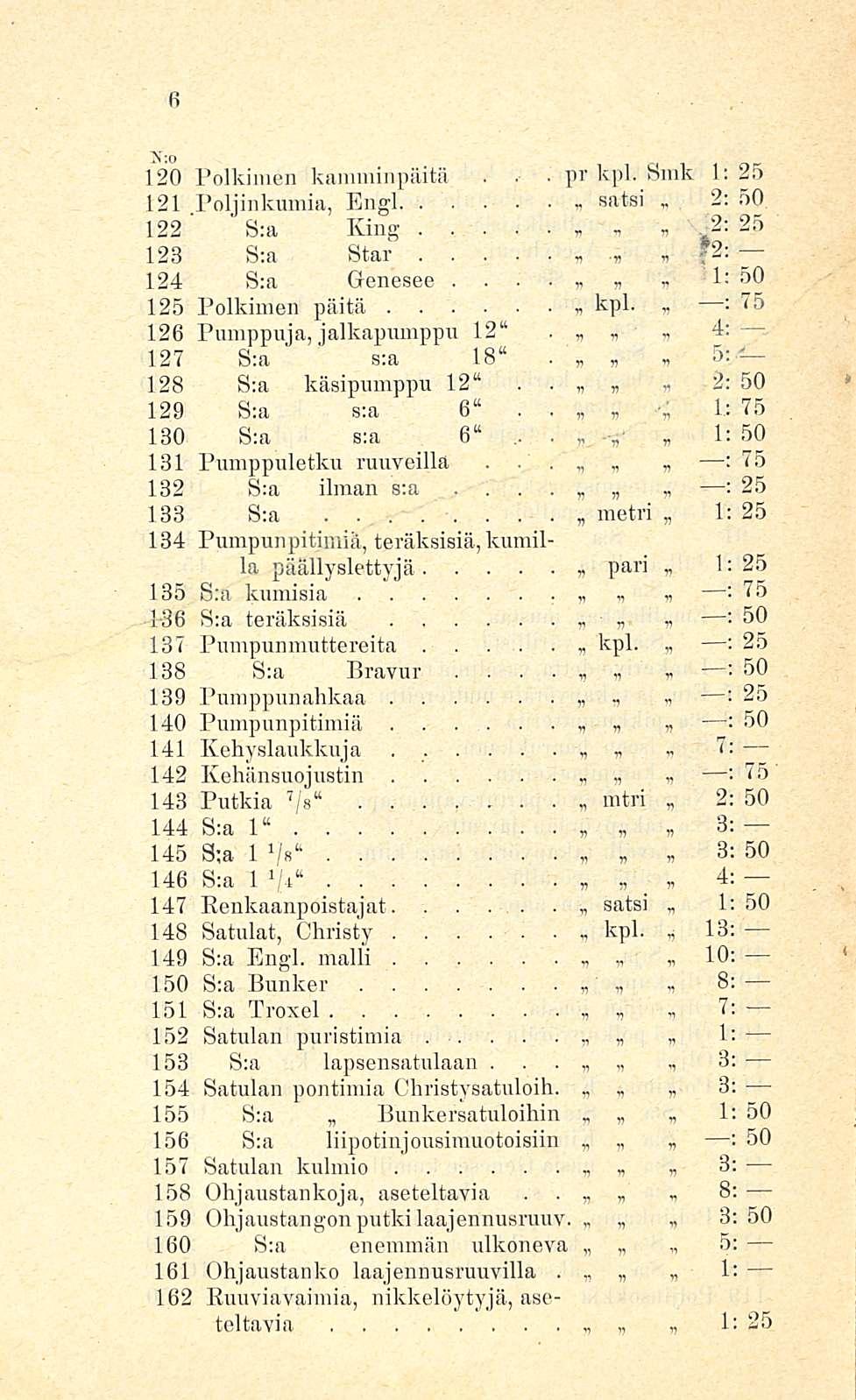 ' 2: 1: 120 Polkimen kamminpäitä pr kpl Smk 1: 121 Poljinkumia, Engl satsi 50 * 122 S:a King 128 S:a Star» f2: 124 S:a Genesee E5O 1 Polkimen päitä kpl :75 126 Pumppuja, jalkapumppu 12 V ' 4;» 127