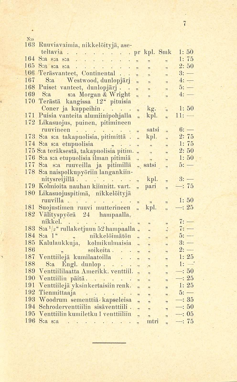 ' mtri : N:o 163 Kuuviavaimia, nikkelöityjä, aseteltavia pr kpl Smk 1: 50 164 S:a s:a s:a 1; 75 165 S:a s:a s:a - 2: 50 166 Teräsvanteet, Continental 8: 167 S;a Westwöod, dunlopjärj 4: 168 Puiset