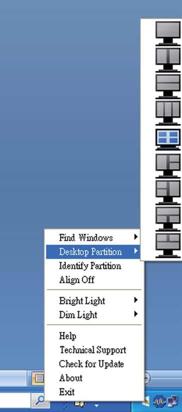 Napsauta valikkoa hiiren vasemmalla painikkeella Napsauta hiiren vasemmalla painikkeella Desktop Partition (Työpöydän osio) kuvaketta lähettääksesi nopeasti aktiivisen ikkunan johonkin osioon