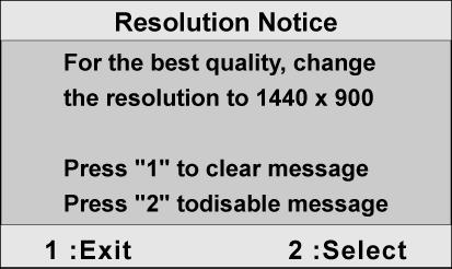 Language Select (Kielen valinta) valinnan avulla voit valita valikoissa ja ohjausnäytöissä käytetyn kielen. Resolution Notice (Resoluution ilmoitus) tuo esiin alla olevan resoluutioilmoitusvalikon.