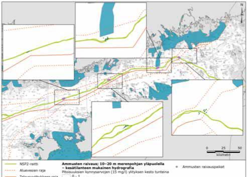 Sivu 41 / 76 Kuvassa 5-45 esitetään pitoisuuden kynnysarvon 15 mg/l ylittymisen kesto ammusten raivaamisen aikana tyypillisissä kesäolosuhteissa vesirungon alimmassa 10 m kerroksessa.