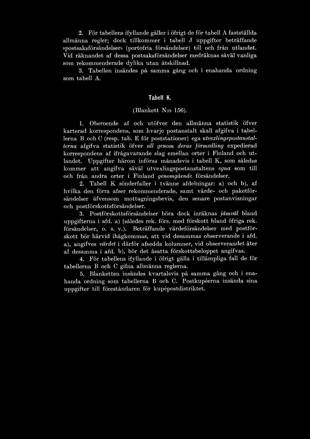 Tabell K. (Blankett N:o 156). 1. Oberoende af och utöfver den allmänna statistik öfver karterad korrespondens, som. hvarje postanstalt skall afgifva i tabe