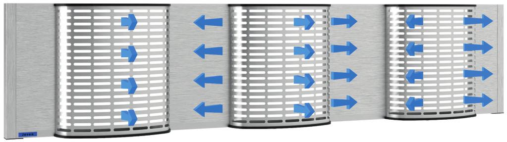 JEVEN Keittiöilmanvaihtolaitteet SIVU 0 JSKI TULOILMAN PUHALLUSKUVION SÄÄTÖ Tuloilman puhalluskuviota muutetaan siirtämällä tuloilmayksiköiden etulevyjen sisällä olevia pystysuoria ilmaohjauslevyjä.