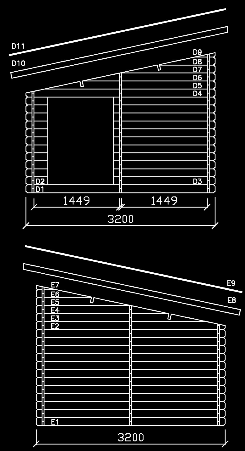 Lillevilla 207 3900 mm x 3000 mm / 34 mm Seinien D ja E paikat voi päättää asennusvaiheessa.