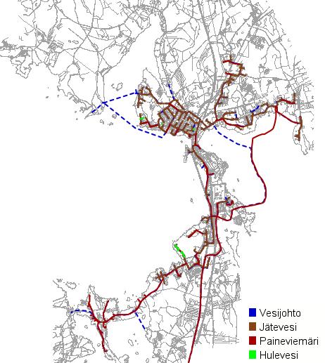 54 Kaijanselän rannoilla. Kolhon alueen maaperä on pääasiallisesti hiekkamoreenia, mutta alueella on myös kalliomaa-alueita. Kuva 32. Kolhon alueen vesijohto-, jätevesi- ja hulevesiverkko.