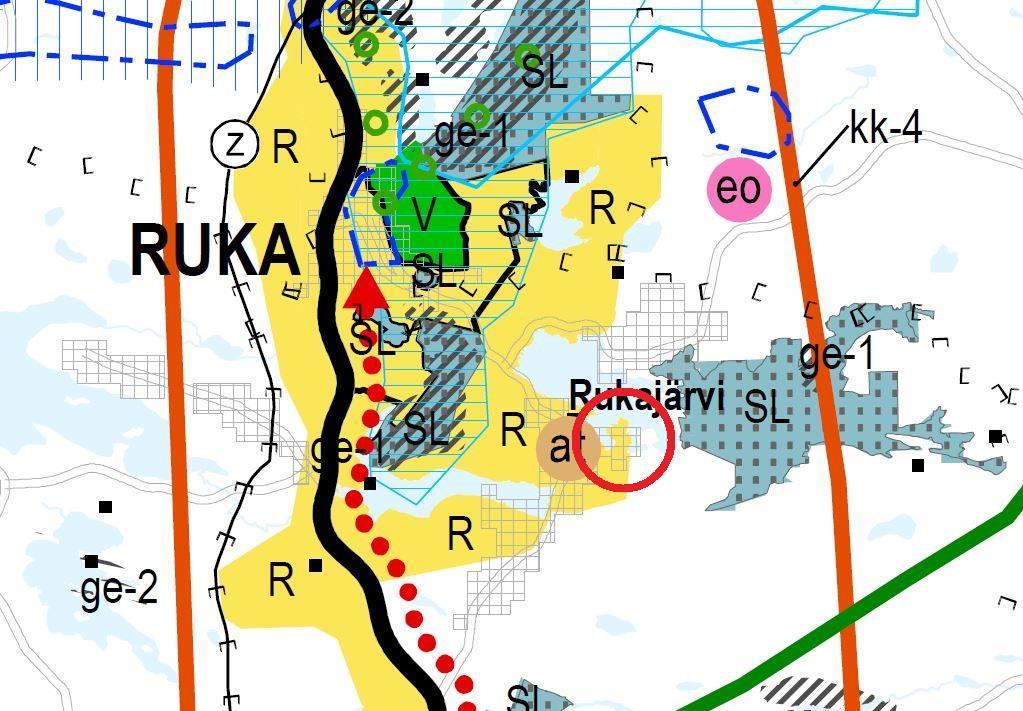 vaihemaakuntakaavan luonnoksesta. Suunnittelualue on punaisen ympyrän sisällä. Muutosaluetta ei koske mikään erityinen merkintä näissä kaavoissa.