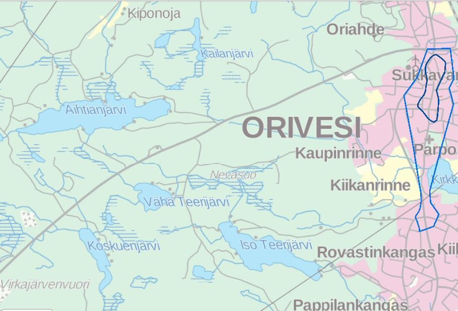 Kuva 8. Ottamisaluetta lähimmät pohjavesialuerajaukset. Suunniteltu ottoalue merkitty karttaa punaisella ellipsillä. (ympäristökarttapalvelu Karpalo, luettu 6.5.2017). 2.