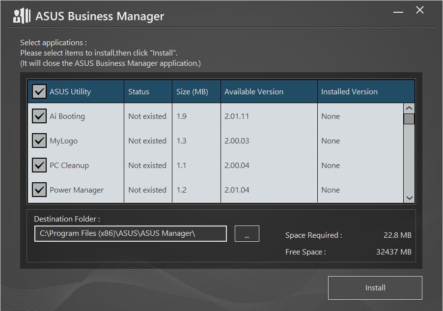 Napsauta tuki-cd-ikkunassa Utilities (Apuohjelmat) > ASUS Business Manager. 3.