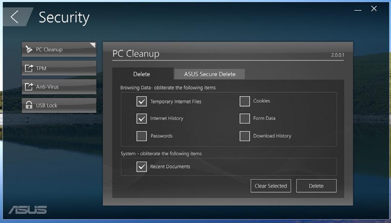 Suojaus Napsauta Suojaus ASUS Managerin päänäytössä käyttääksesi PC Cleanup -ja USB Lock -apuohjelmia.