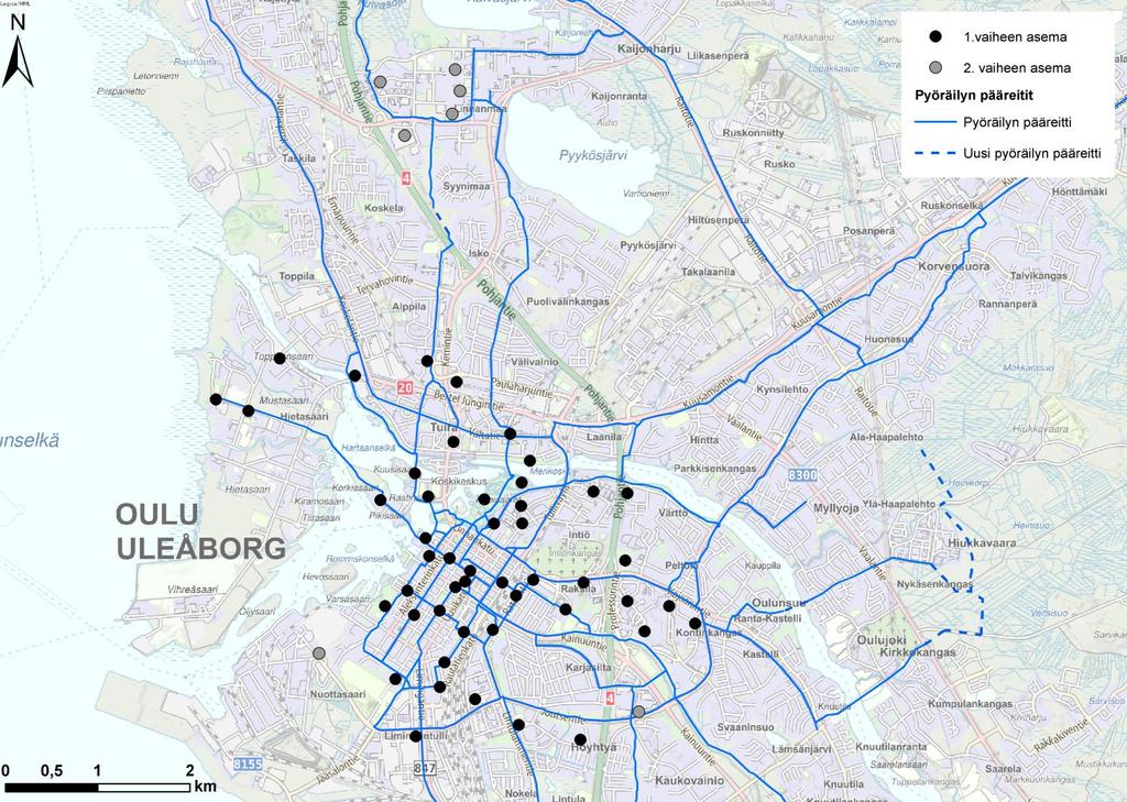 1.vaihe: 48 asemaa ja 400 pyörää 2.vaihe: yht. 55 asemaa ja 500 pyörää. RATKAISUEHDOTUS OULUSSA Kokonaisvaltainen kaupunkipyöräjärjestelmä.