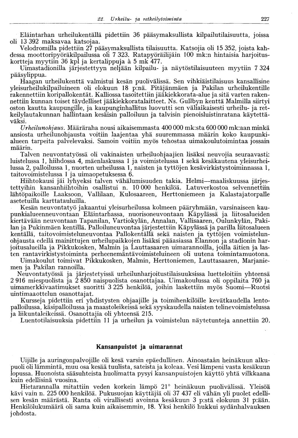227 22. Urheilu- ja retkeily toimikunta Eläintarhan urheilukentällä pidettiin 36 pääsymaksullista kilpailutilaisuutta, joissa oli 13 392 maksavaa katsojaa.