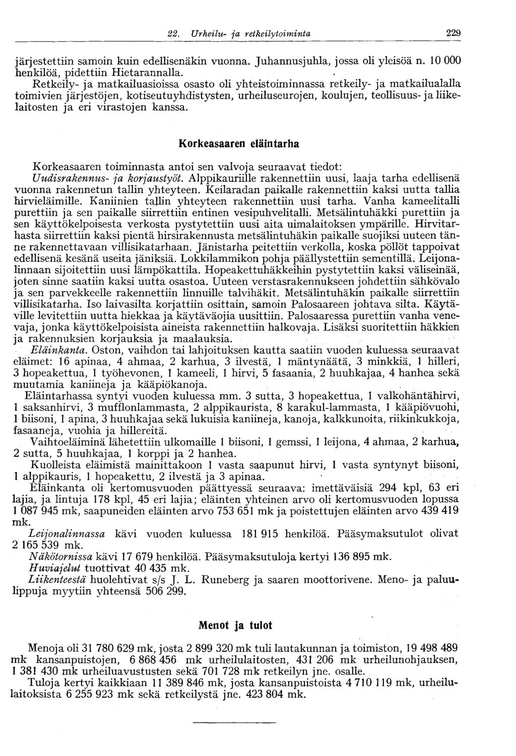 229 22. Urheilu- ja retkeily toimikunta järjestettiin samoin kuin edellisenäkin vuonna. Juhannusjuhla, jossa oli yleisöä n. 10 000 henkilöä, pidettiin Hietarannalla.