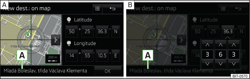 Kohteen syöttö kartalla GPS-koordinaattien avulla Paina Navigointi-päävalikossa toimintopainiketta. Napauta halutun luokan painiketta.