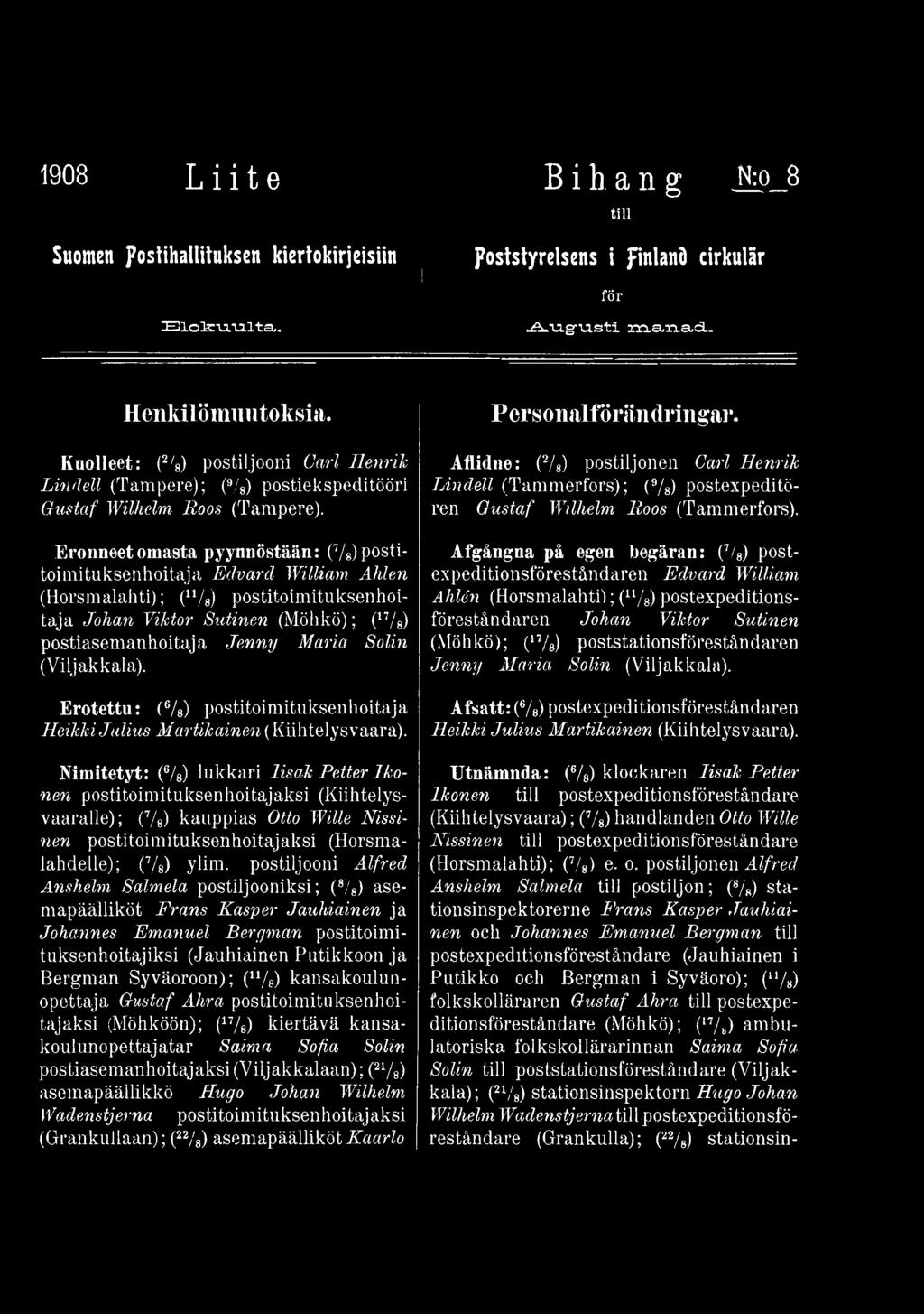 Nimitetyt: (6/8) lukkari Iisak Petter Ikonen postitoimituksenhoitajaksi (Kiihtelysvaaralle); (7/e) kauppias Otto Wille Nissinen postitoimituksenhoitajaksi (Horsmalahdelle); (7/8) ylim.