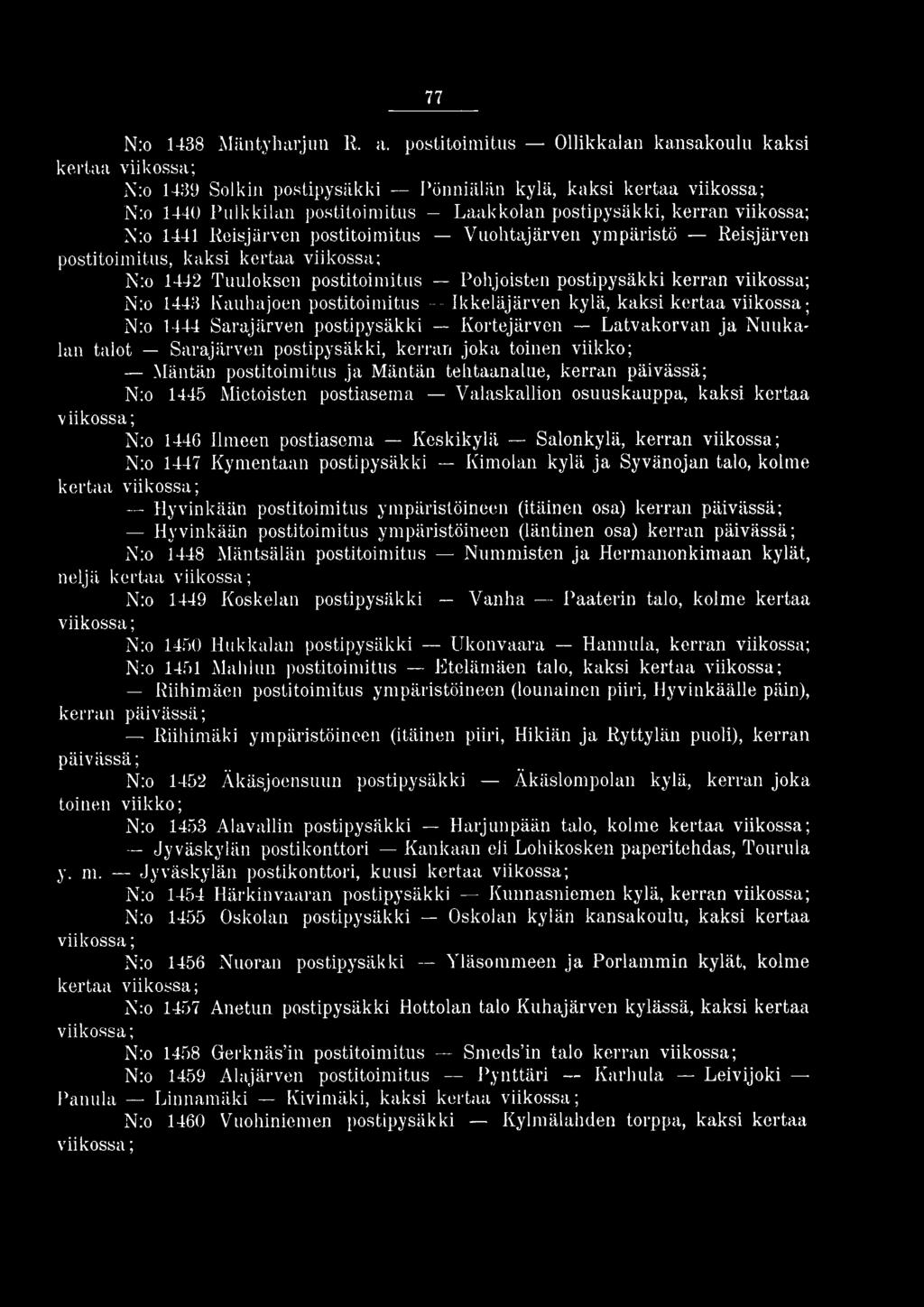 1445 Mietoisten postiasema Valaskallion osuuskauppa, kaksi kertaa N:o 1446 Ilmeen postiasema Keskikylä Salonkylä, kerran N:o 1447 Kymentaan postipysäkki Kimolan kylä ja Syvänojan talo, kolme kertaa