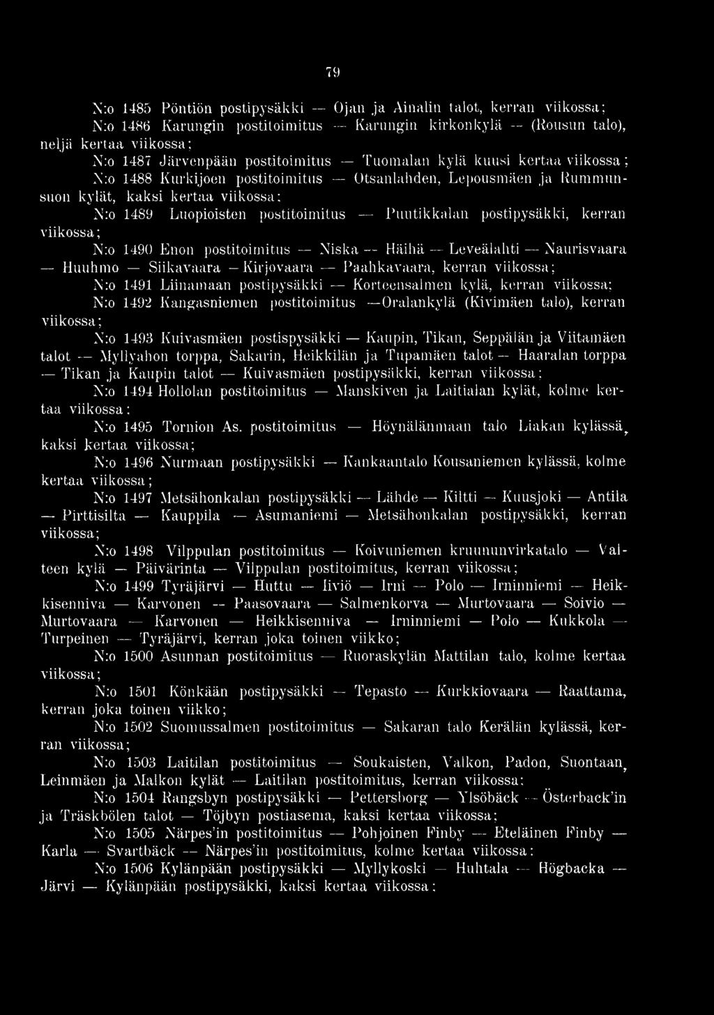 postipysäkki, kerran Nro 1494 Hollolan postitoimitus Manskiven ja Laitialan kylät, kolme kertaa Nro 1495 Tornion As.
